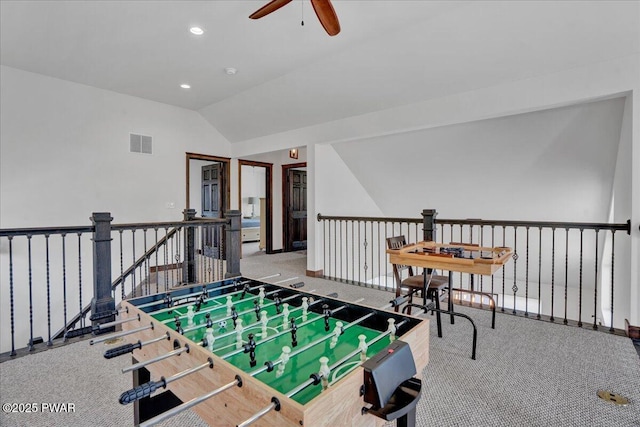 101 Maple Leaf Rd, Lackawaxen, PA 18435 - playroom featuring lofted ceiling, visible vents, ceiling fan, recessed lighting, and carpet