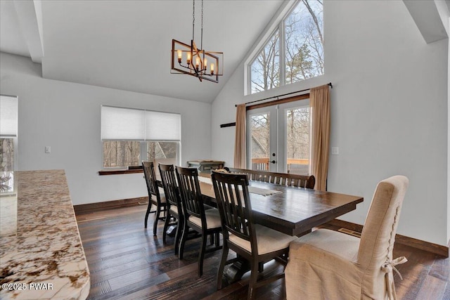 101 Maple Leaf Rd, Lackawaxen, PA 18435 - dining space featuring baseboards, high vaulted ceiling, an inviting chandelier, and french doors