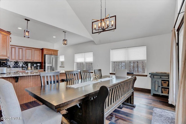 101 Maple Leaf Rd, Lackawaxen, PA 18435 - dining space with lofted ceiling, baseboards, an inviting chandelier, dark wood-style flooring, and recessed lighting