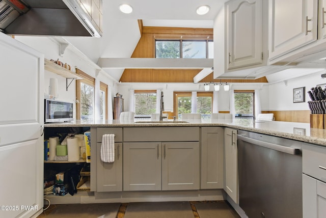20 Chuck Foster Dr, Hawley, PA 18428 - kitchen with appliances with stainless steel finishes, a sink, light stone countertops, plenty of natural light, and recessed lighting