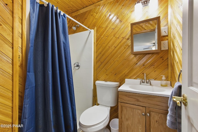 20 Chuck Foster Dr, Hawley, PA 18428 - bathroom with toilet, curtained shower, wooden walls, and vanity