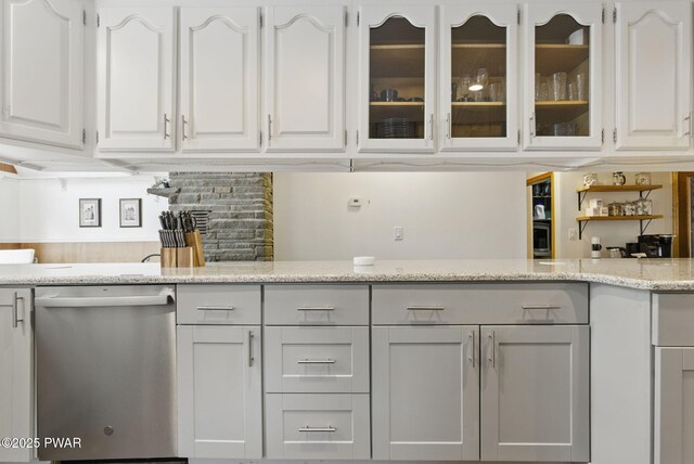 20 Chuck Foster Dr, Hawley, PA 18428 - kitchen with stainless steel dishwasher, white cabinetry, and glass insert cabinets
