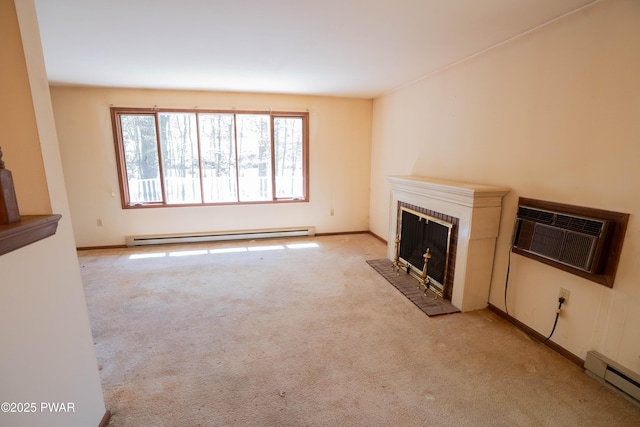 unfurnished living room with a wall mounted air conditioner, baseboard heating, and light carpet