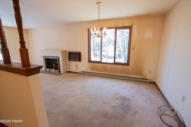 unfurnished living room featuring a baseboard radiator, a chandelier, a wall mounted air conditioner, and carpet flooring