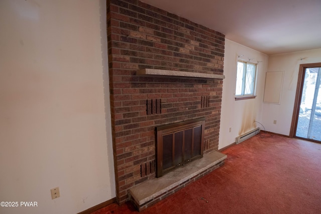 unfurnished living room with carpet floors, baseboards, a brick fireplace, and baseboard heating