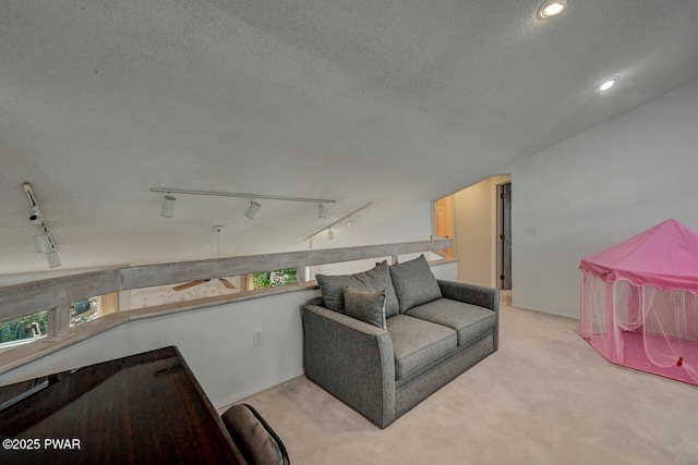 carpeted living room with a textured ceiling