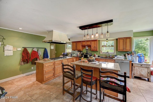 kitchen with pendant lighting, a center island, sink, island exhaust hood, and stainless steel appliances