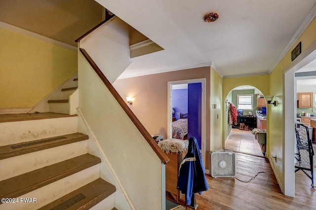 stairs with wood-type flooring and ornamental molding