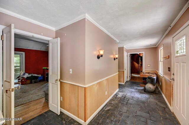 hallway featuring crown molding, plenty of natural light, and a textured ceiling