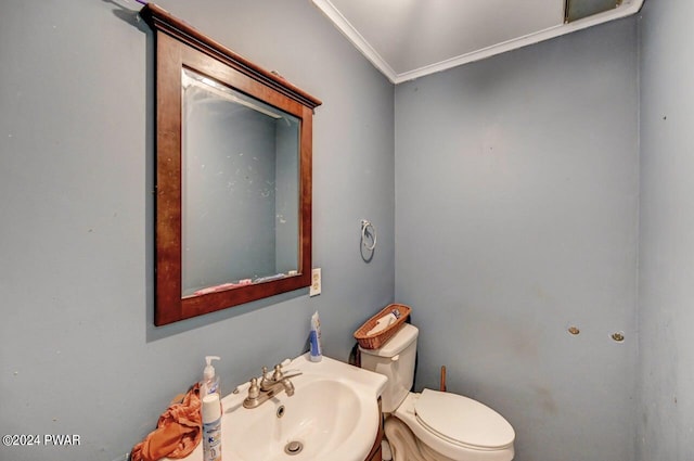 bathroom featuring toilet, ornamental molding, and sink