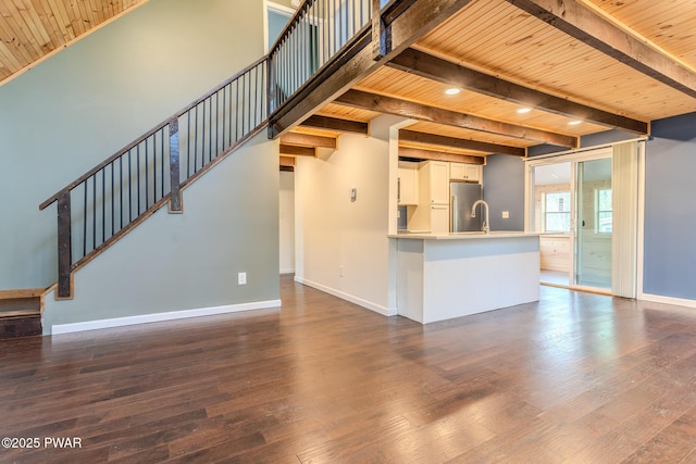 unfurnished living room featuring wooden ceiling, dark wood finished floors, baseboards, beamed ceiling, and stairs