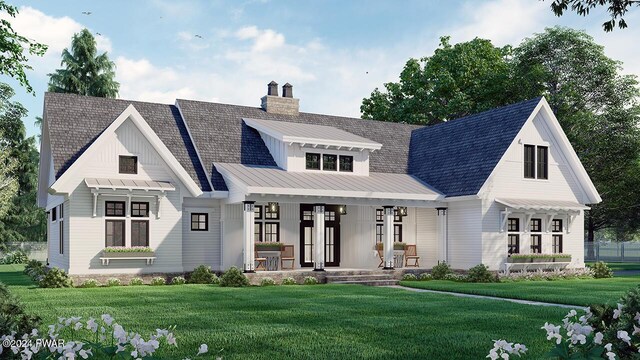 view of front of property featuring covered porch and a front lawn