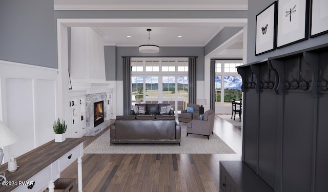 living room featuring dark hardwood / wood-style flooring, a premium fireplace, and crown molding