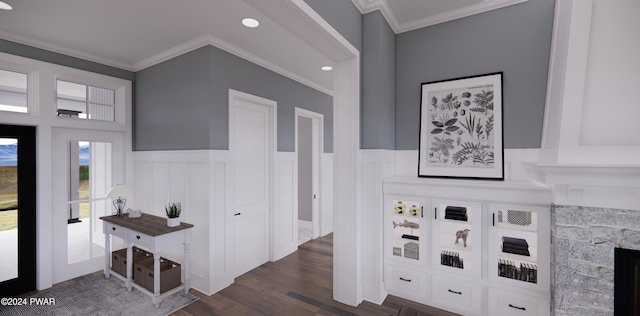 interior space with dark wood-type flooring and ornamental molding