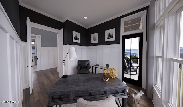 home office with dark hardwood / wood-style flooring and crown molding