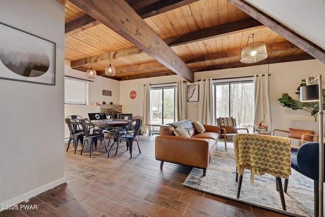 2894 S Fairway Dr, Lake Ariel, PA 18436 - living room featuring wood ceiling, baseboards, dark wood-type flooring, and beam ceiling