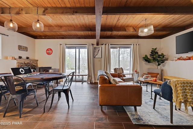 2894 S Fairway Dr, Lake Ariel, PA 18436 - dining area with beamed ceiling, wood ceiling, and a wealth of natural light