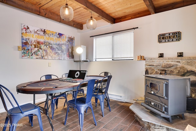 2894 S Fairway Dr, Lake Ariel, PA 18436 - dining area featuring wood finished floors, beam ceiling, wooden ceiling, baseboard heating, and baseboards