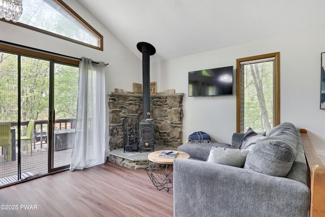 2894 S Fairway Dr, Lake Ariel, PA 18436 - living room with a wood stove, wood finished floors, and high vaulted ceiling