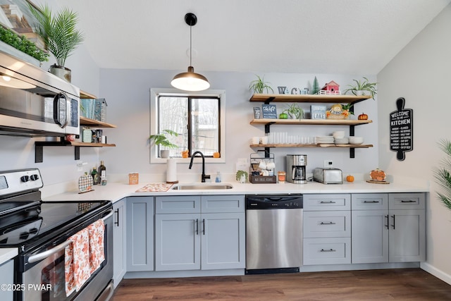2894 S Fairway Dr, Lake Ariel, PA 18436 - kitchen with wood finished floors, a sink, open shelves, stainless steel appliances, and light countertops