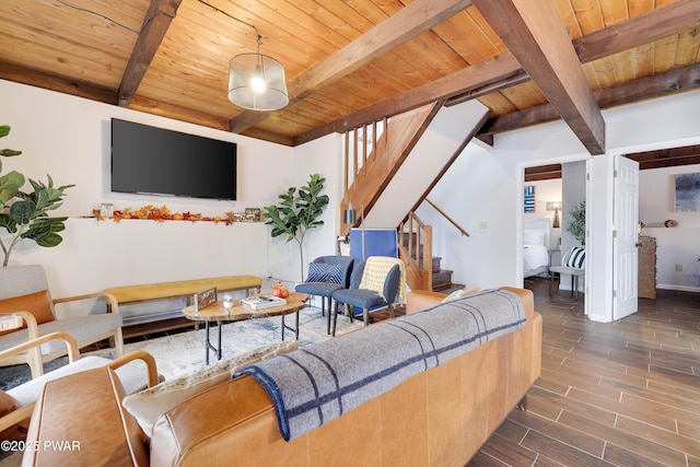 2894 S Fairway Dr, Lake Ariel, PA 18436 - living room with wooden ceiling, beam ceiling, dark wood-style floors, and stairs