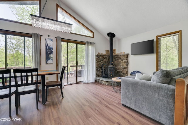 2894 S Fairway Dr, Lake Ariel, PA 18436 - living room with a wood stove, high vaulted ceiling, plenty of natural light, and wood finished floors