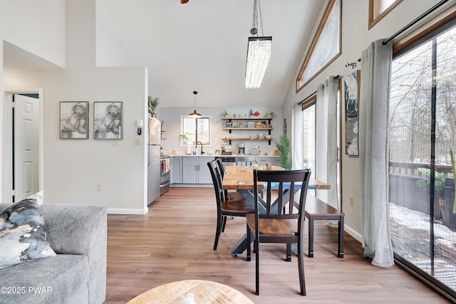 2894 S Fairway Dr, Lake Ariel, PA 18436 - dining room featuring light wood-type flooring, baseboards, and high vaulted ceiling