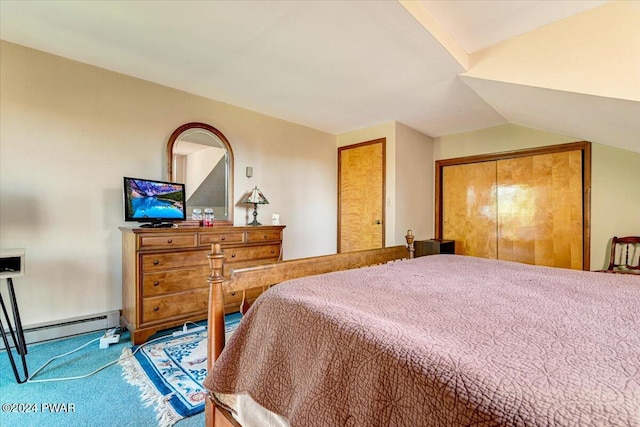 bedroom featuring carpet, a baseboard heating unit, vaulted ceiling, and a closet