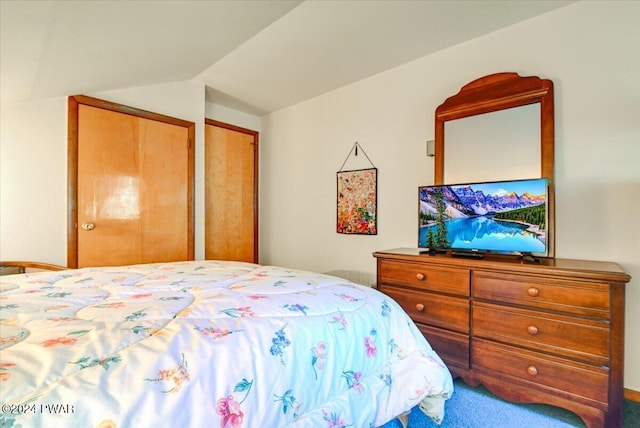 carpeted bedroom featuring vaulted ceiling and a closet