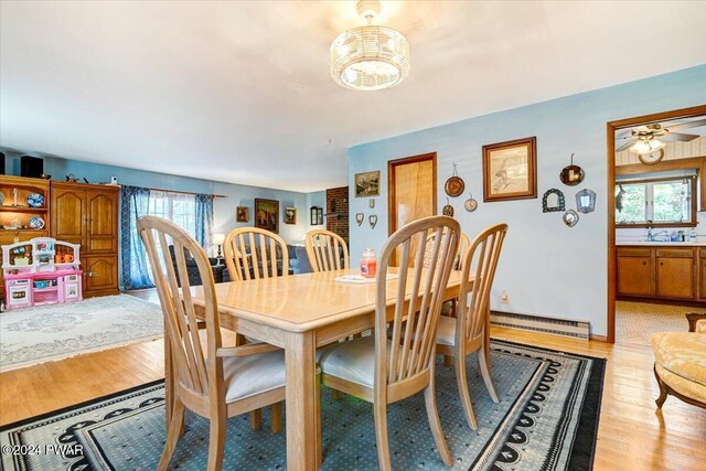 dining room featuring ceiling fan, sink, light hardwood / wood-style floors, and a baseboard radiator