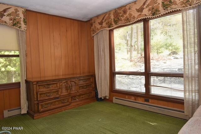 interior space featuring wood walls, a baseboard radiator, and dark carpet