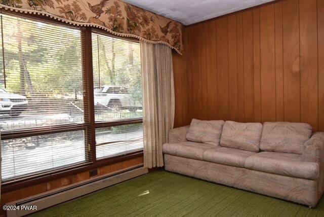 unfurnished room featuring carpet floors, baseboard heating, and wooden walls