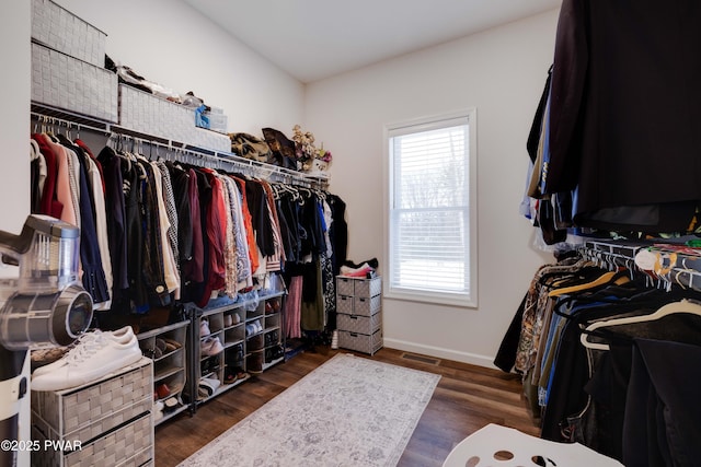 spacious closet with visible vents and wood finished floors