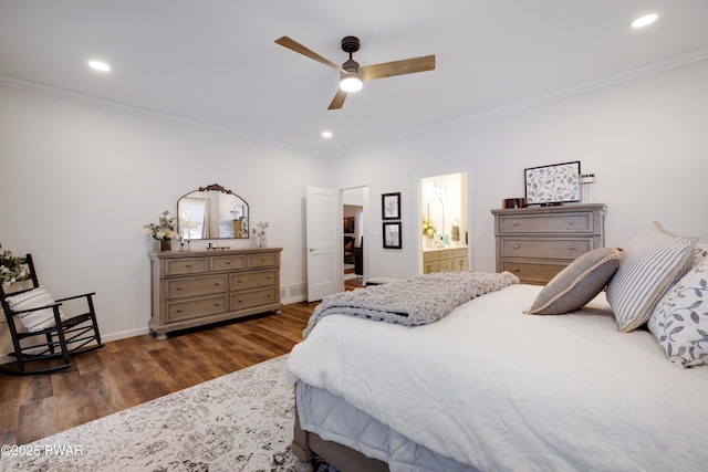 bedroom featuring dark wood-style floors, recessed lighting, baseboards, and crown molding