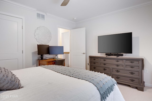 bedroom featuring light carpet, ceiling fan, visible vents, and crown molding