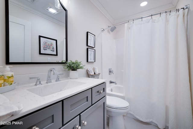 full bath with shower / bathtub combination with curtain, vanity, toilet, and crown molding