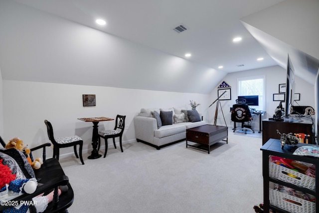 living room with light colored carpet, lofted ceiling, visible vents, and recessed lighting