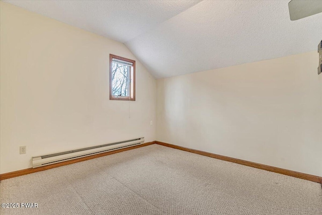 105 Beechwood Ln, Greentown, PA 18426 - additional living space with baseboards, carpet, a textured ceiling, baseboard heating, and vaulted ceiling