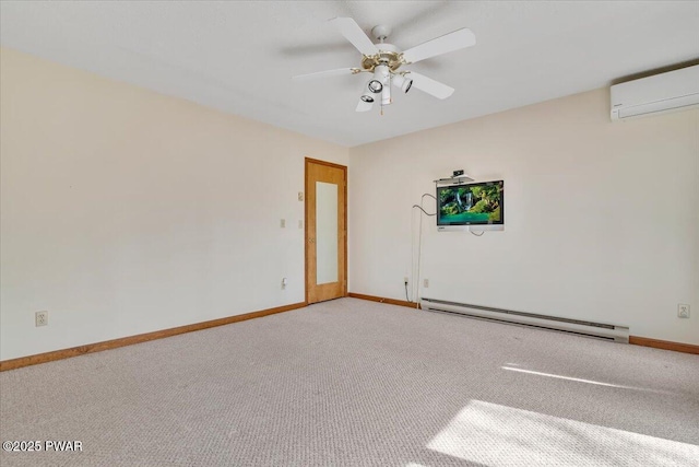 105 Beechwood Ln, Greentown, PA 18426 - spare room featuring light colored carpet, a baseboard heating unit, baseboards, and a wall mounted air conditioner