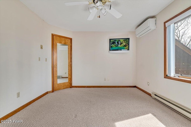 105 Beechwood Ln, Greentown, PA 18426 - carpeted spare room featuring baseboards, a baseboard radiator, a wall unit AC, and a ceiling fan