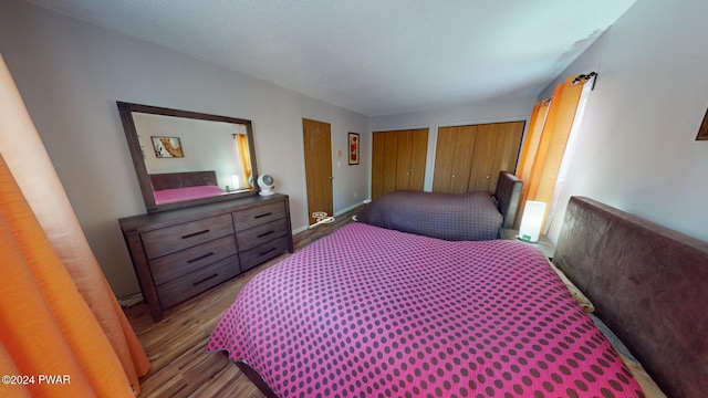 bedroom with light hardwood / wood-style floors and two closets