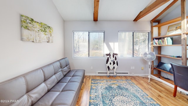 living room featuring vaulted ceiling with beams, hardwood / wood-style floors, a healthy amount of sunlight, and a baseboard heating unit