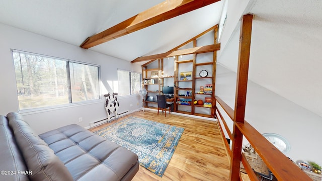 interior space featuring vaulted ceiling with beams, wood-type flooring, and baseboard heating