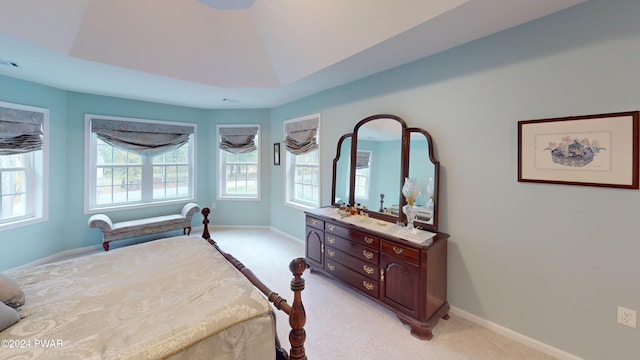 carpeted bedroom featuring a raised ceiling