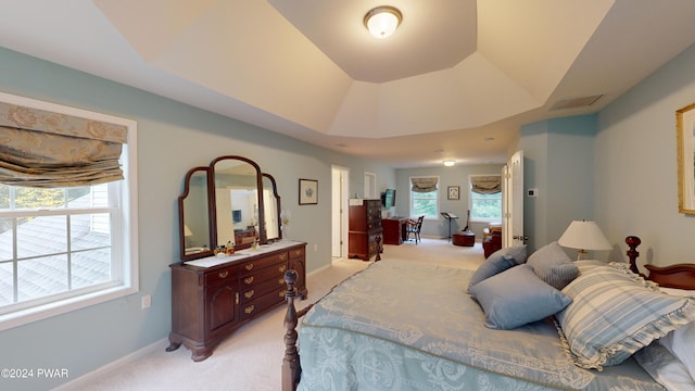 carpeted bedroom featuring a raised ceiling and multiple windows