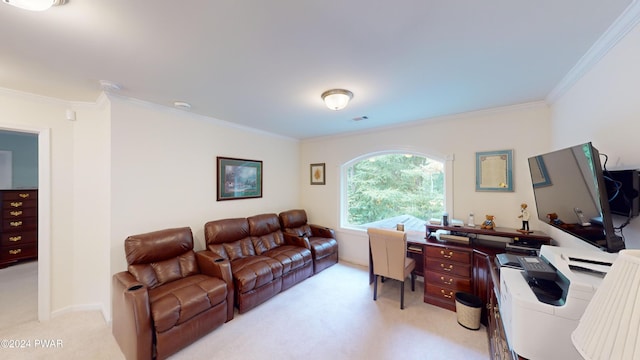 carpeted home office featuring crown molding