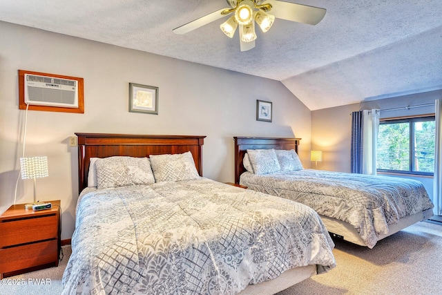 bedroom with carpet flooring, ceiling fan, and a textured ceiling