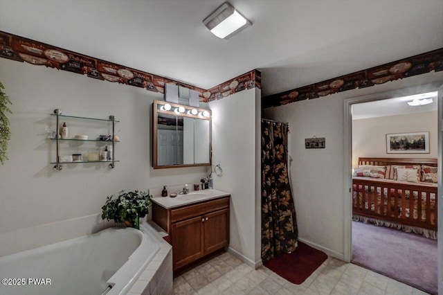 808 Pioneer Ct, Lackawaxen, PA 18435 - bathroom featuring vanity, a garden tub, a shower with curtain, and baseboards