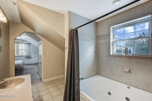 bathroom featuring lofted ceiling, shower / bath combo, baseboard heating, vanity, and tile patterned floors