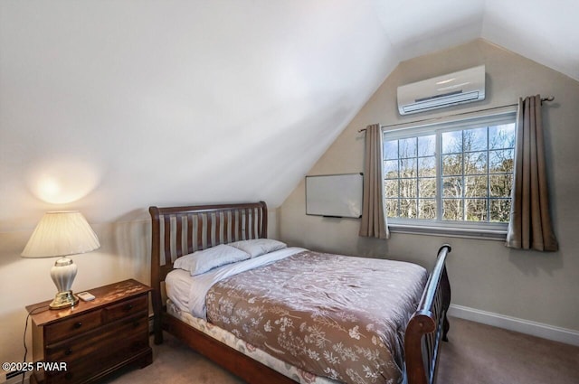 carpeted bedroom with a wall mounted air conditioner and vaulted ceiling